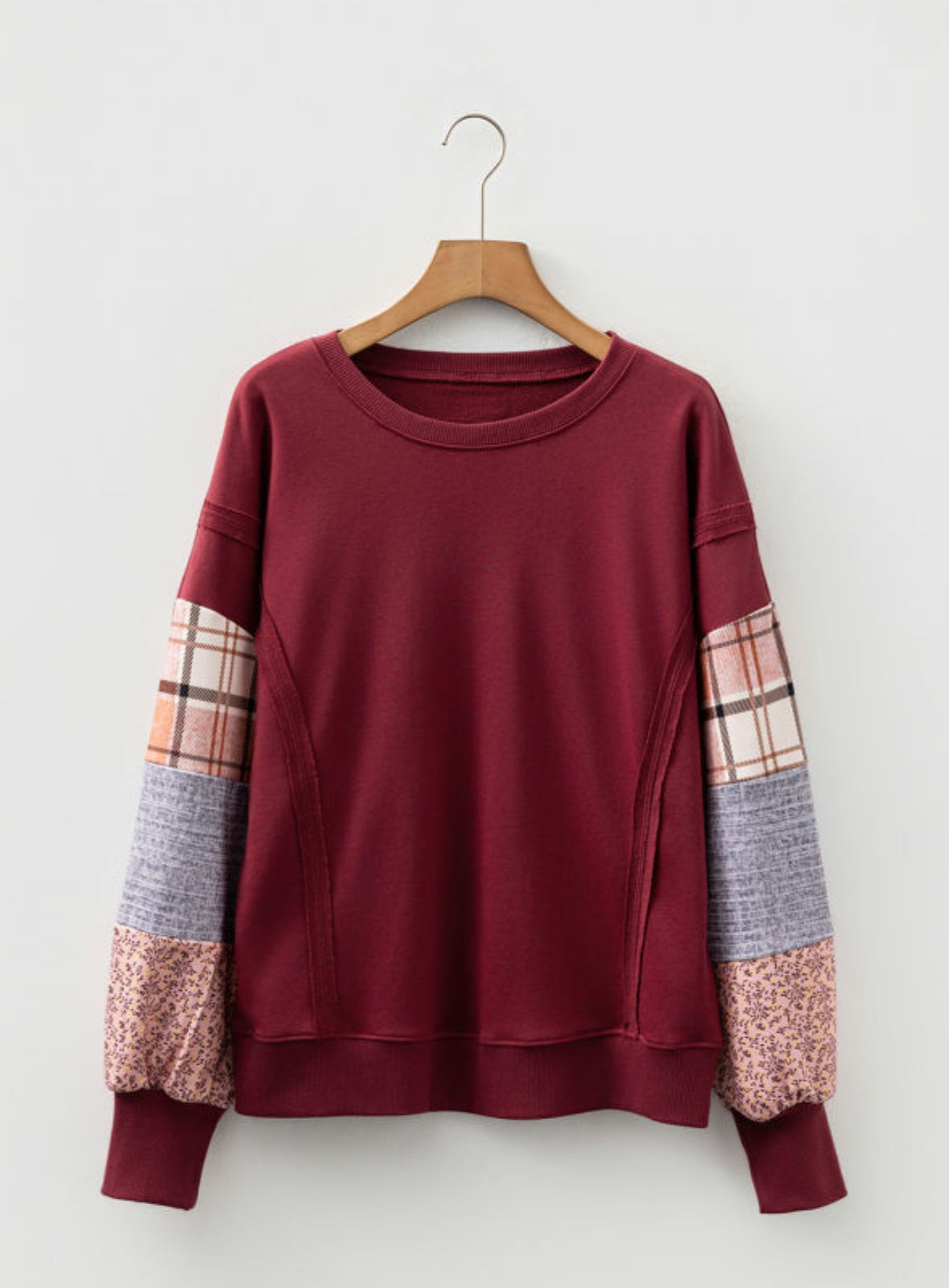 Twin Flame - maroon patchwork pullover