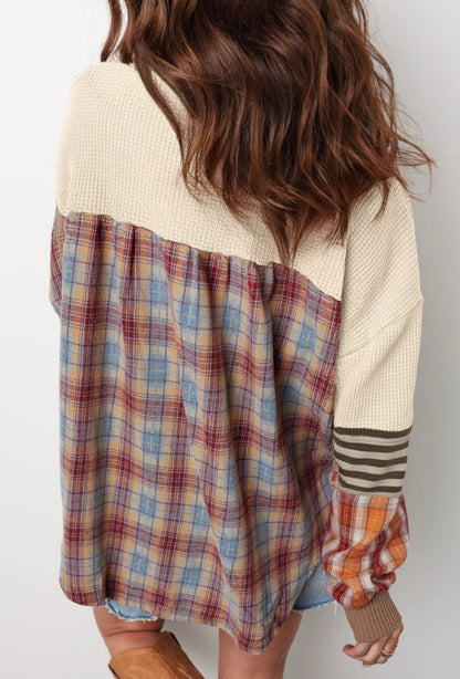Spice Season Vibes - plaid patchwork Henley top