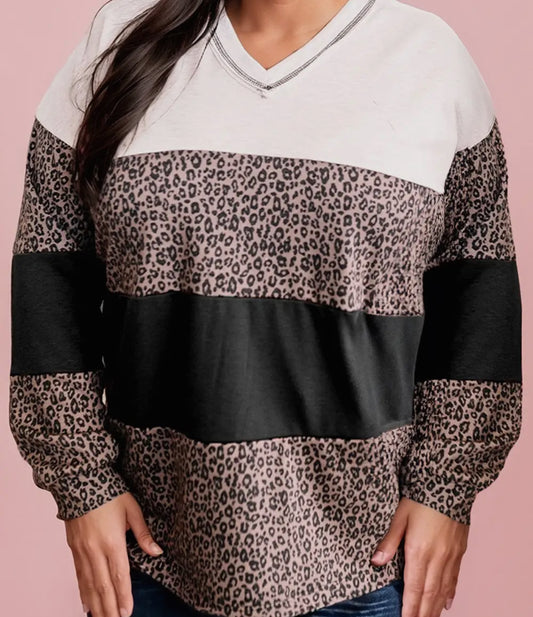 Color Block Plus Size Leopard Long Sleeve