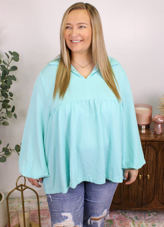 Light Blue Corded Plus Size Blouse