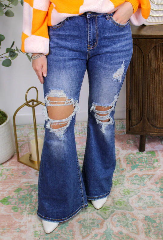 Dark Ripped Flare Jeans