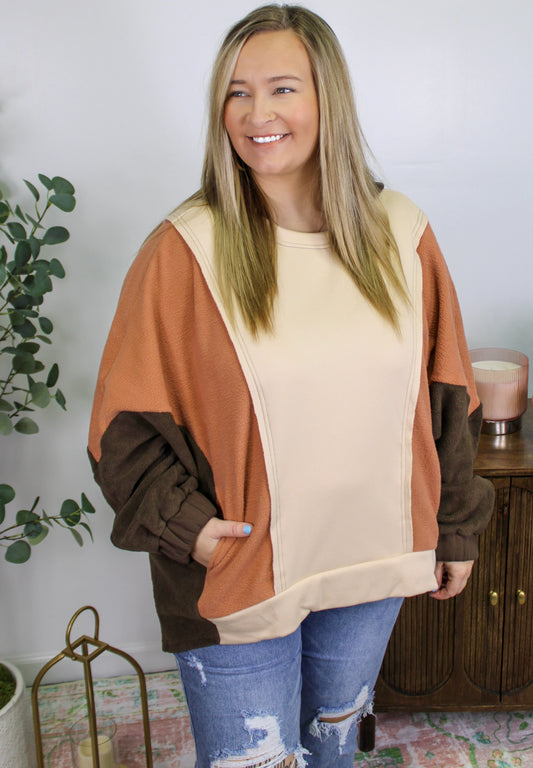 Brown Colorblock Hoodie Plus Size