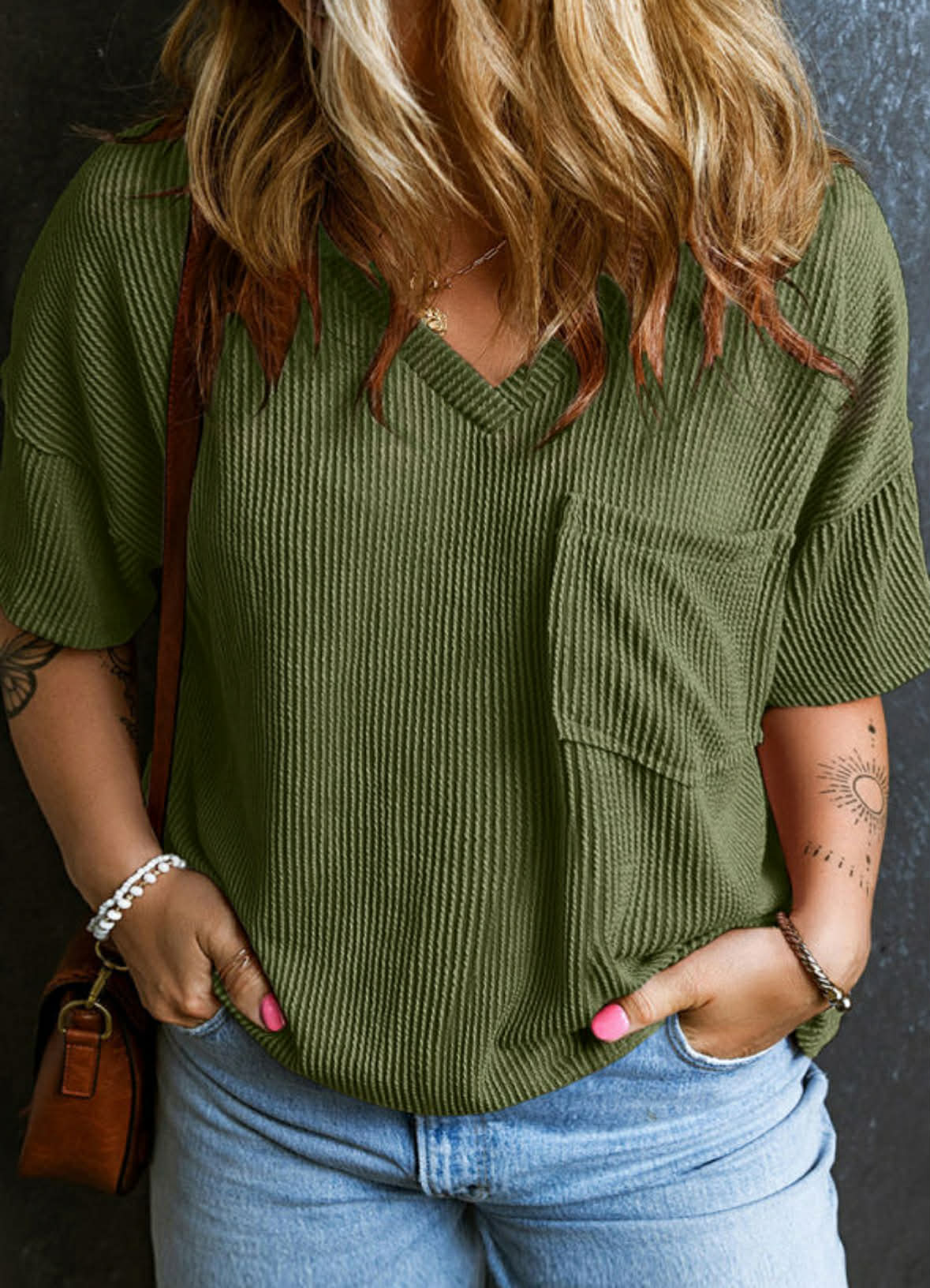 Emerald Energy - Green Ribbed Plus Size V Neck