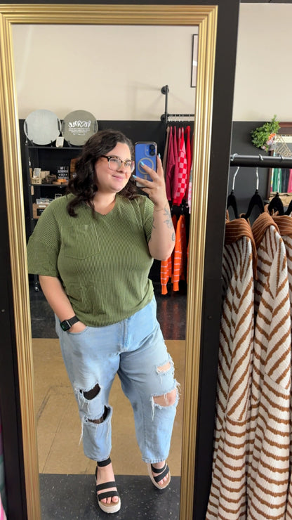 Emerald Energy - Green Ribbed Plus Size V Neck